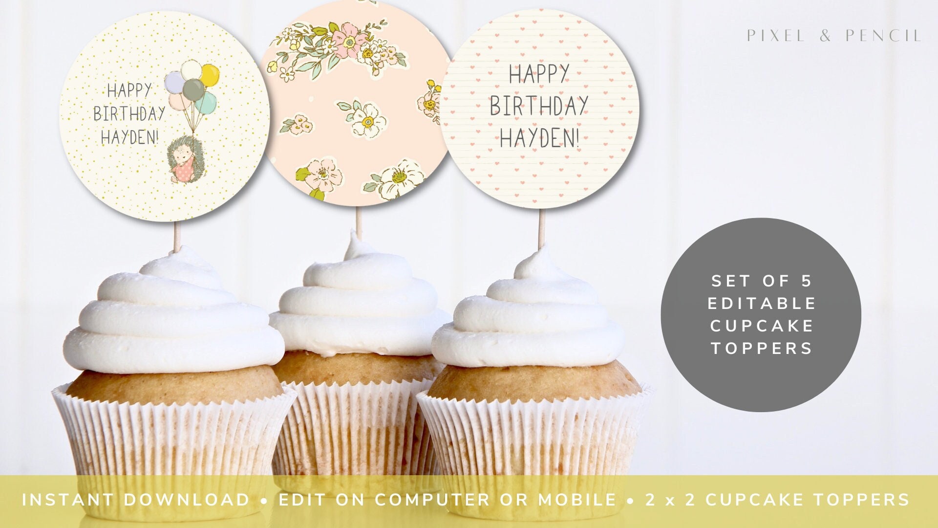 EDITABLE Hedgehog Birthday Cupcake Toppers Woodland Party Baby First Birthday Cute Animal Party 1st Birthday Baby Shower Kids 131_QUIL