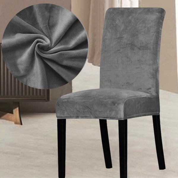 Grey, Dining Chair Covers Velvet Luxury Small Size Cover Premium Quality Elastic Removable Washable Soft Slipcovers Easy Fit