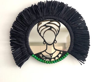 Black Raffia Woman Head Figure Boho Wall Decor, Wall Hanging, Bohemian Wall Mirror, Paper Raffia Beaded Wall Art, Boho Style New Home Gift