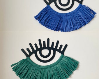 Blue or Green Raffia Boho Wall Decor, Woven Wall Hanging, Bohemian Mirror, Macrame Wall Hanging Tassels, Boho Decor Gift, Christmas Decor,