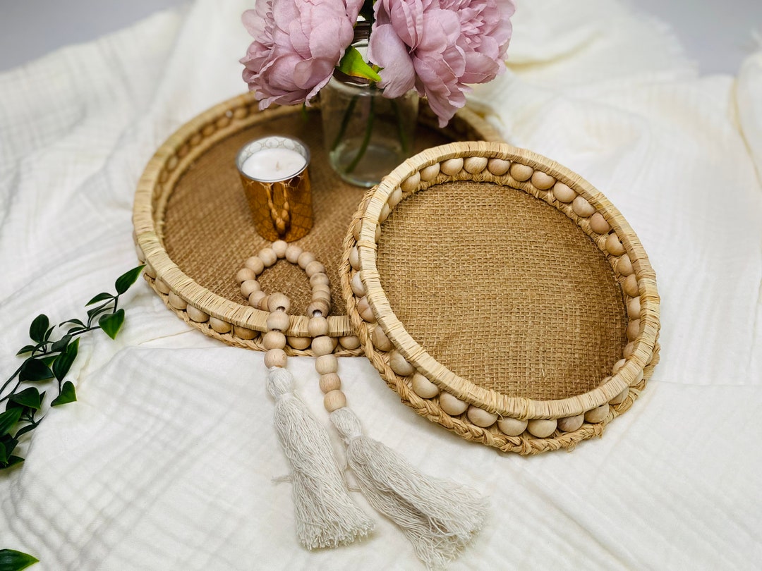 Round Wooden Beaded Tray, Boho Style Rattan Tray With Wood Beaded Decor