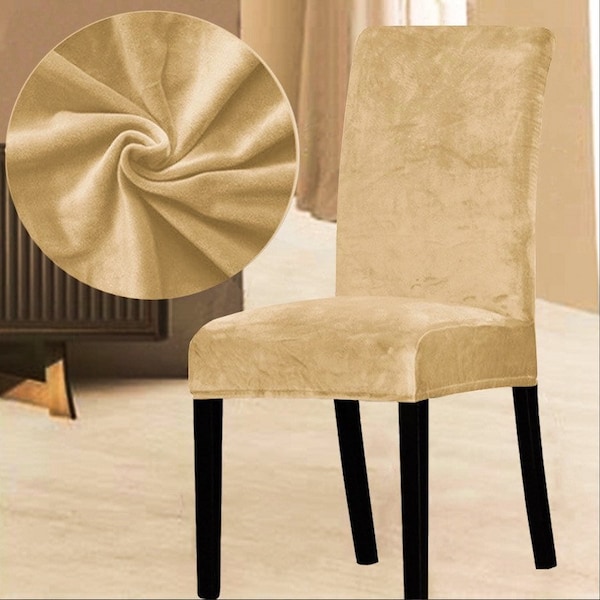 Light Brown, Caramel Dining Chair Covers Velvet Luxury Premium Quality Elastic Removable Washable Soft Slipcovers Easy Fit Chairs Décor