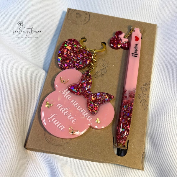 Porte-clés personnalisé Minnie Mouse et stylo rechargeable, porte-clés en résine, stylo personnalisé, coffret cadeau, cadeau pour elle, fournitures scolaires pour les filles
