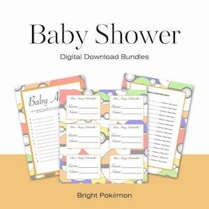 Puede incluir: Un conjunto de juegos de baby shower imprimibles con temática de Pokémon. Los juegos incluyen "¿Cuántos Poké Balls?" y "Adivina el nombre del bebé Pokémon".