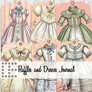 Diario vintage con recortes recargados, vestidos para niñas, rosas rosas, efímeras, scrapbooking, imprimibles, vintage, antiguo, bohemio, bohemio
