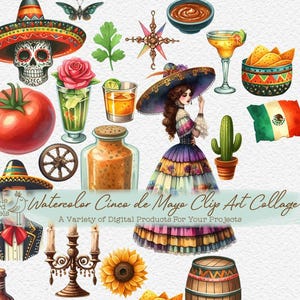 Cinco de Mayo Watercolor Collage Sheet | Printable Chic Clip Art for Journals PNG Boho
