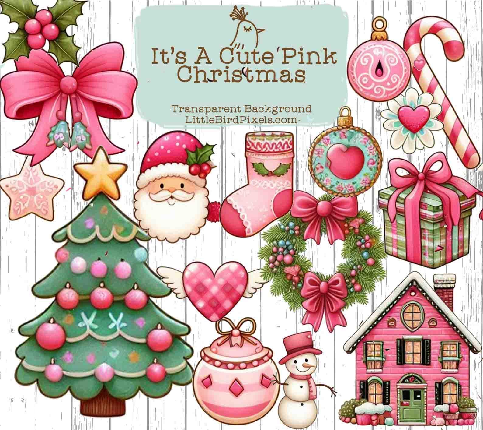 Pink Christmas Clipart, Kawaii Holiday Graphics PNG Set (digital ...