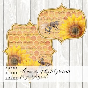 Diario vintage con recortes de chatarra, palabras, planificador de diseño, abeja, girasol, panal, efímeras, scrapbooking, chatarra, descarga instantánea