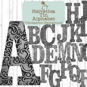 Peut inclure: Un ensemble de lettres de l'alphabet en étain argenté avec un motif floral. Les lettres sont présentées sur un fond en bois blanc. Le texte "Helvetica Tin Alphabet Transparent Background" est également visible. Idéal pour le scrapbooking.