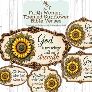 Könnte beinhalten: Eine Sammlung von fünf dekorativen Schildern mit gelben Sonnenblumen und komplexen mandalaartigen Blütenblättern. Jedes Schild zeigt religiöse Texte, darunter "God is my refuge and my strength", "Grace for today, hope for tomorrow" und "She blooms where God plants her."