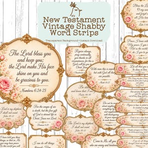 May include: A collection of digital word strips featuring New Testament verses in elegant script, framed by ornate gold borders and soft pink rose illustrations. The text includes various biblical passages on a cream background with a vintage aesthetic.
