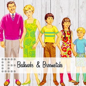 May include: A vintage illustration of a family of five, styled as paper dolls, standing in a row. The adults wear a pink sweater and green dress. The children wear yellow, red, and blue outfits. The text "Bedknobs & Broomsticks" is at the bottom.