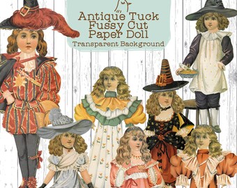 Puede incluir: Una colección de siete muñecas de papel de estilo antiguo con varios atuendos, sombreros, vestidos y trajes. El texto Antique Tuck Fussy Cut Paper Doll Transparent Background está impreso en el centro sobre las figuras.