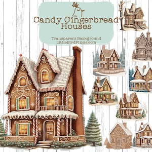 Könnte beinhalten: Aquarellillustration von Lebkuchenhäusern mit transparentem Hintergrund. Das Bild zeigt ein großes Lebkuchenhaus mit rotem Schornstein und mehrere kleinere Lebkuchenhäuser. Der Text "Candy Gingerbread Houses" steht oben.