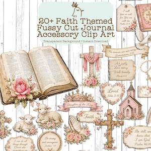 May include: A collection of faith-themed digital clip art featuring an open Bible with pink roses, lambs, crosses, a church, praying hands, and various scripture verses including Psalm 46:10 and John 3:16, all presented on a white wood background.