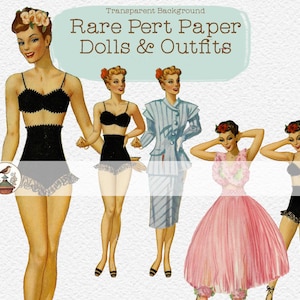 Bonecas de papel PNG Pin Up Raras e Bonitas Roupas Vintage Anos 40 Download Instantâneo Corte Fussy Scrapbooking Ephemera