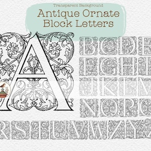 May include: Black and white antique ornate block letters of the alphabet. The letters are in a decorative font with floral designs.