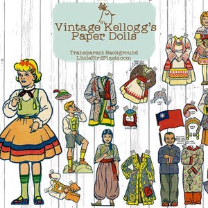 Może przedstawiać: Vintage Kellogg's papierowe lalki z przezroczystym tłem. Obraz przedstawia kilka papierowych lalek i ich stroje, w tym dziewczynkę w żółto-pomarańczowej sukience, chłopca w szortach i różne stroje kulturowe.