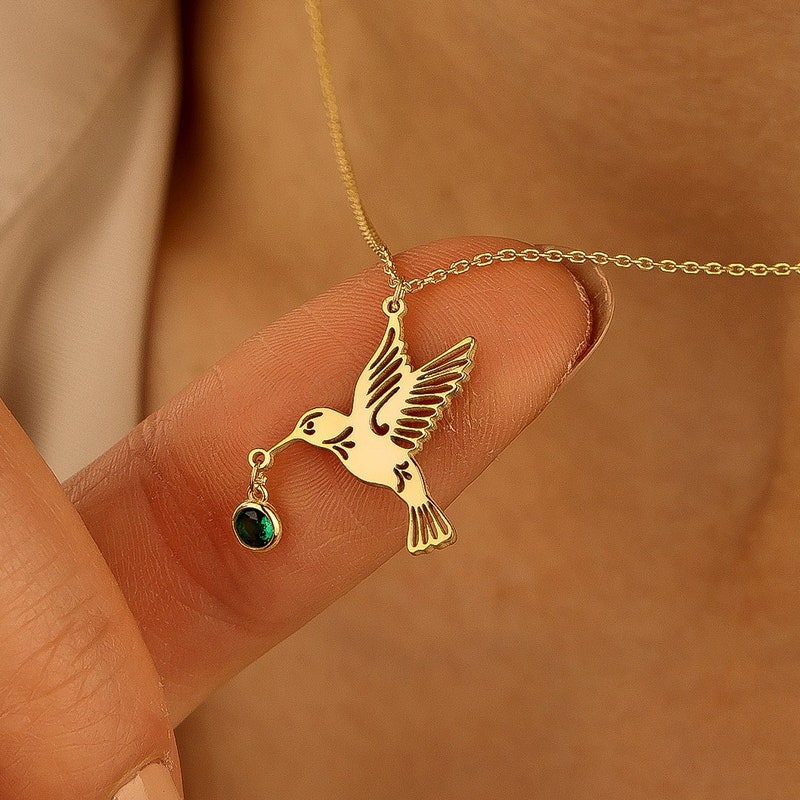 Tiny Birthstone Hummingbird Necklace, Bird Jewelry, Birthstone Bird Necklace, Sterling Silver Necklace, Hummingbird Necklace,Mother Day Gift
