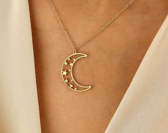 Crescent Moon Necklace, Moon and Star Pendant Necklace, Christmas Gift, Astrological Necklace, Celestial Necklace, Elegant Moon Necklace