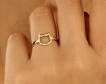 18k Gold Pet Ring, Sterling Silver Cat Head Ring ,Pet Jewelry, Dainty Cat Ears Ring, Pet Memorial Gift, Cat Lovers Ring, Gift for Kids