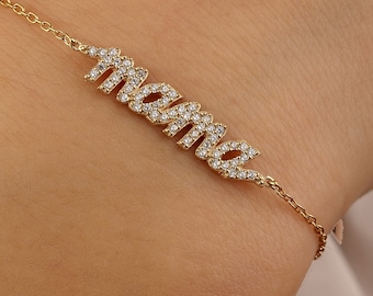 Pave Mama Gold Bracelet, Diamond Mama Bracelet, Stone Bracelet, Initial Bracelet, Mother’s Day Gift Personalized Jewelry, Gift for Mom