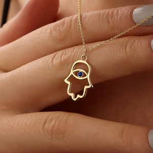 Gold Hamsa Necklace / Evil Eye Necklace / Hamsa Charm with Sapphire / Protection Pendant / Sterling Silver Hamsa / Christmas gift image 1