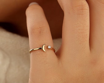 18k gold Crescent Moon Ring, Open Dainty Moon Ring, Stone Ring, Silver Ring, Adjustable Ring, Minimalist Moon Ring,  Open Moon, Gift for Her