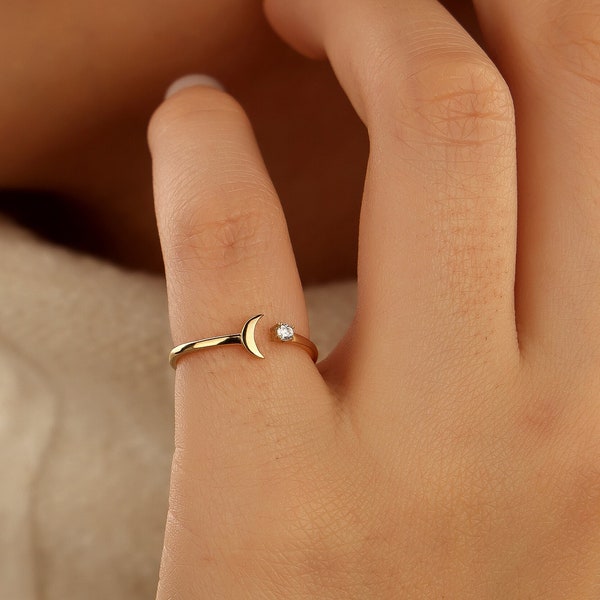 18k gold Crescent Moon Ring, Open Dainty Moon Ring, Stone Ring, Silver Ring, Adjustable Ring, Minimalist Moon Ring,  Open Moon, Gift for Her