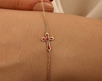 Colorful Enamel Small Cross Bracelet, Delicate Religious Jewelry, Dainty and Elegant Pendant, Color Bracelet, Christian Gift , Petite Charm