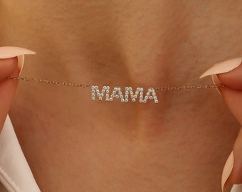 Pave Mama Gold Necklace / Diamond Mama Necklace / Stones Sterling Necklace / Mother’s Day Gift