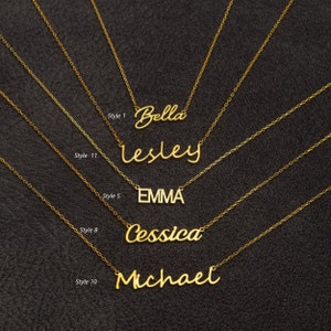 May include: Five gold necklaces with different styles of nameplates. The names on the necklaces are Bella, Lesley, Emma, Cessica, and Michael.