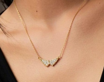Gold Angel Wings Necklace, Minimalist Angel Wings Necklace with Stones, Diamond Angel Wings, Sterling Silver Wings Necklace
