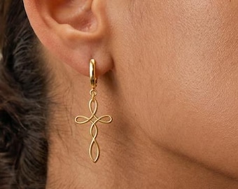 Celtic Knot Infinity Cross Earrings, Sterling Silver Cross Dangle Earrings, Delicate Religious Cross Earrings