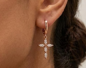 Gold Cross Dangle Earrings, Silver Marquise Cross Earrings, Elegant Crystal Drop Earrings, Religious Dainty Jewelry, Gift for Her