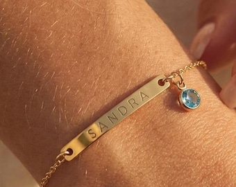 Custom Engraved Bar Bracelet with Birthstone, 18k Gold Name Bracelet, Personalized Kids Bracelet, Gift for Mom, Birthday Gift
