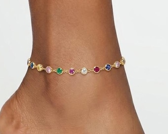 Colorful Gemstone Anklet, Dainty Silver Multicolor Stone Anklet,  18K Gold Plated Rainbow Jewelry, Summer Beach Jewelry