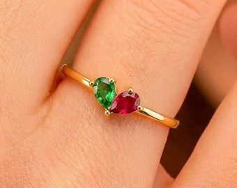 Personalized Heart Birthstone Ring, 2 Birthstone Ring, Mother's Ring, Multi Birthstone Rings, Family Birthstone Ring,  Christmas Gift