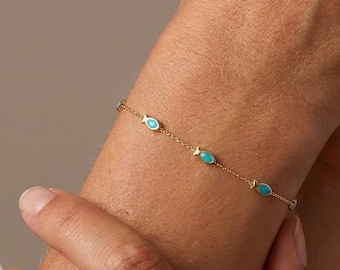 Gold Turquoise Fish Bracelet, Minimalist Nautical Jewelry, Sea Lover, Gift for Her, Sterling Silver  Jewelry