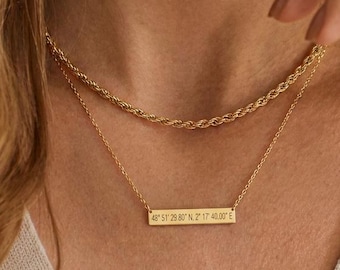 Gold Custom Coordinate Necklace, Personalized Coordinate, Engraved Coordinate Necklace, Gift For Me