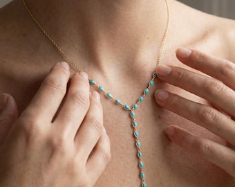 Turquoise Teardrop Necklace, Turquoise Lariat Necklace, Silver Dainty Y Necklace, Minimalist Gold Necklace, Boho Blue Stone Jewelry