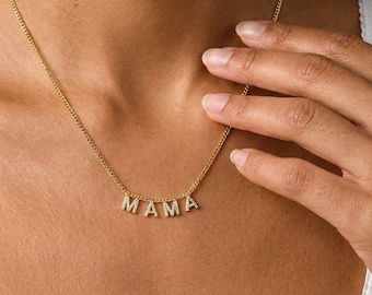 Custom Pave Mama Necklace, Dainty Letter Necklace, Personalized Jewelry for Mom, Mother's Day Gift, Gift for Her