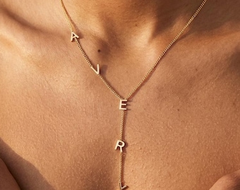 Custom Lariat Name Necklace, Gold Initial Drop Necklace, Personalized Y Necklace for Her, Bridesmaid or Christmas Gift