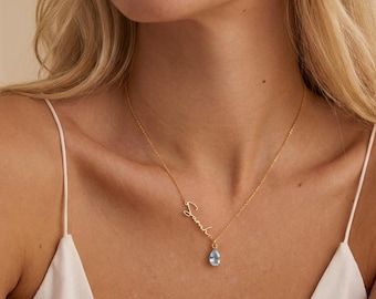Personalized Signature Necklace with Birthstone, Gold Necklace, Birthstone Signature Name Necklace, Christmas Gift