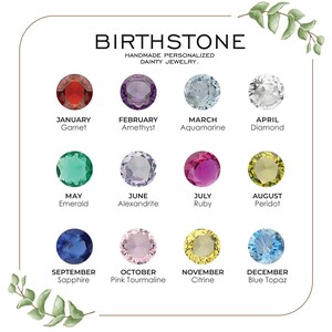 May include: A graphic showcasing birthstones for each month, with the text "BIRTHSTONE" and "HANDMADE PERSONALIZED DAINTY JEWELRY." The gemstones include Garnet, Amethyst, Aquamarine, Diamond, Emerald, Alexandrite, Ruby, Peridot, Sapphire, Pink Tourmaline, Citrine, and Blue Topaz.