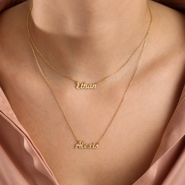Double Layer Name Necklace, Personalized Layered Necklace With Thin Double Chain & 1 Link, Children Name Necklace, Couples Gift