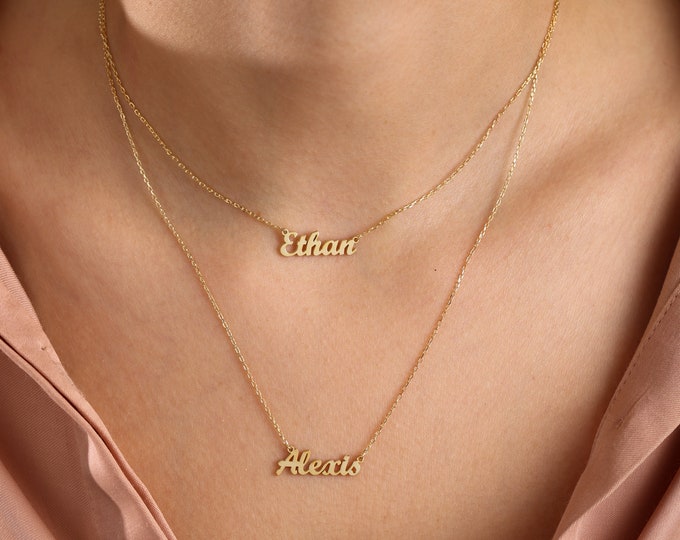 Double Layer Name Necklace, Personalized Layered Necklace With Thin Double Chain & 1 Link, Children Name Necklace, Couples Gift