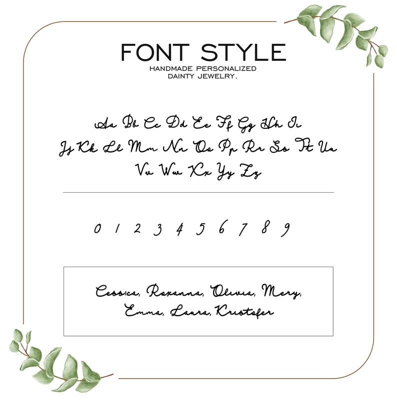 May include: A sample of a handwritten font style, showing the alphabet in lowercase and uppercase, numbers 0-9, and a list of names: Cessica, Roxanna, Olivia, Mery, Emma, Laura, Kristofer. The text is written in black ink on a white background.