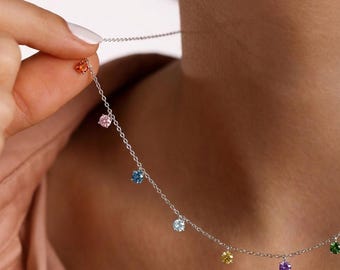 Multi Color Birthstone Dangle Necklace in Sterling Silver, Colorful Rainbow Stone Droplet Choker, Minimalist Family Birthstone Gift for Mom