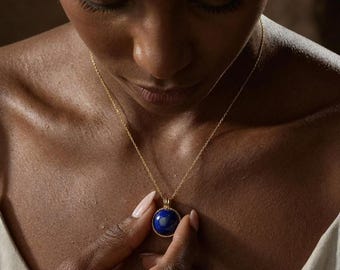 Lapis Lazuli Round Stone Necklace, Gemstone Jewelry, Dainty Blue Natural Stone Pendant, Boho Jewelry, Birthday Gift  for Her, Gift for Mom
